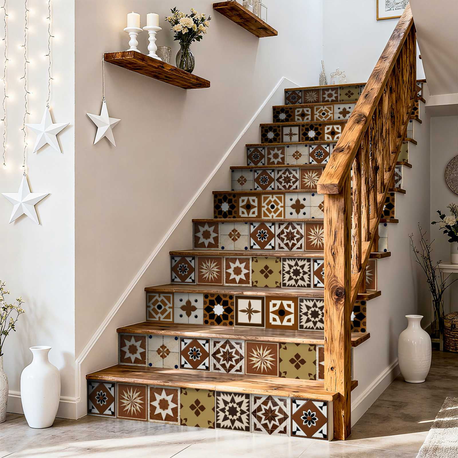 24PCS Mediterranean Style Peel and Stick Wall Tile Decals - 6"x6" Vintage Waterproof Vinyl Moroccan Bohemian Stickers for Kitchen Backsplash, Bathroom, Stair Riser Decor