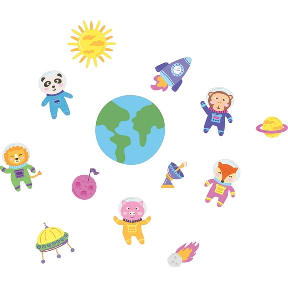 Multicolored Animal Space Travelers Decor Cartoon Style Design Kids Bedroom Living Room Vinyl Wall Decal - 17" x 20" Home Nursery Art Planets Astronauts UFO Martian Decoration Removable Wall Sticker