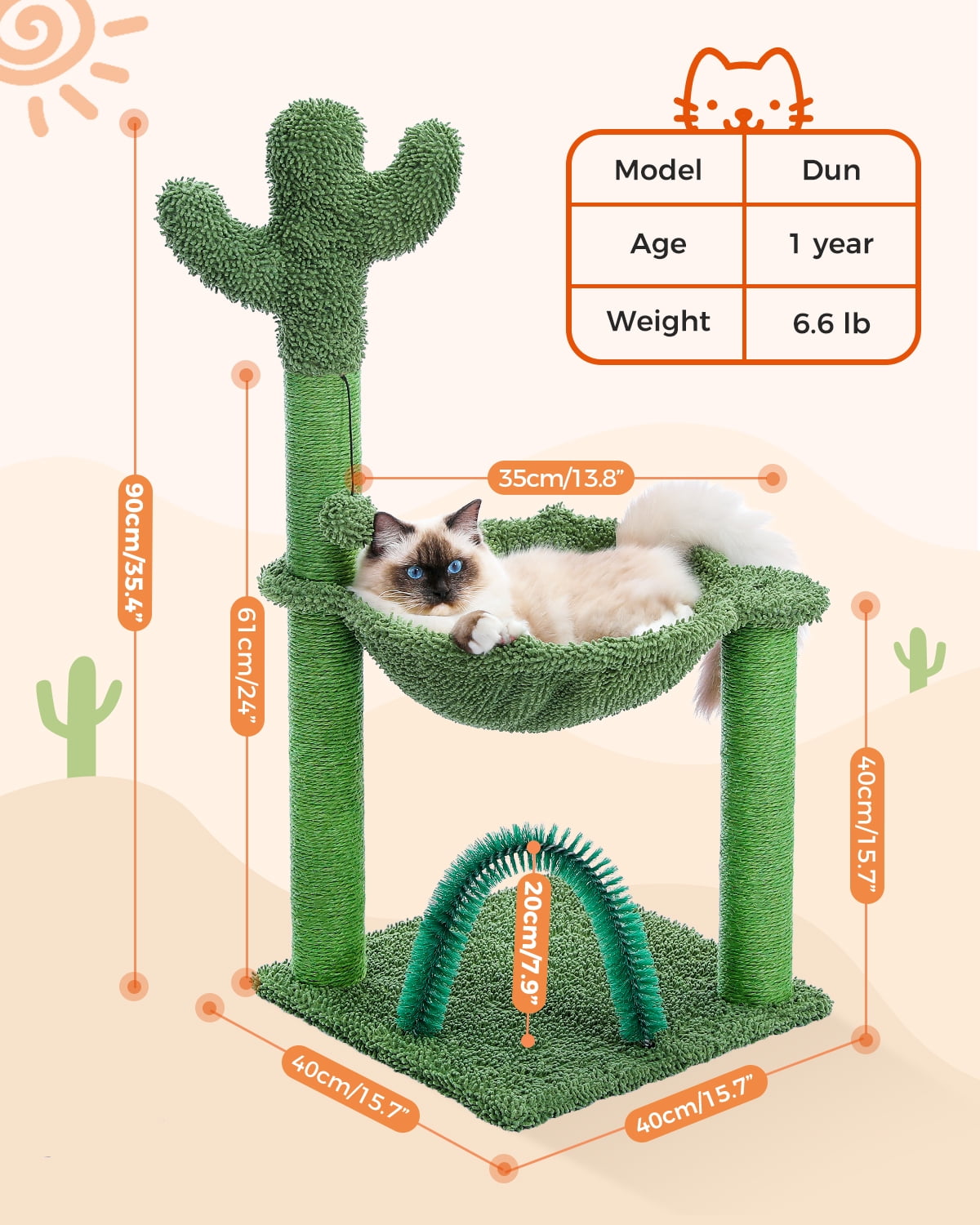 PAWZ Road 35" Cactus Cat Scratching Post with Pet Self Groomer and Hammock for All Indoor Cats Green