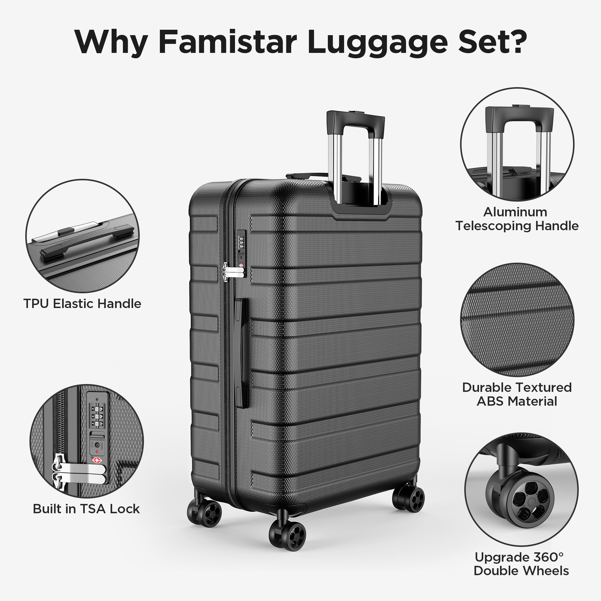 Famistar 4 Piece Hardside Luggage Suitcase Set with 360° Double Spinner Wheels Integrated TSA Lock, 14” Travel Case, 20" Carry-On Luggage, 24" Checked Luggage and 28" Checked Luggage, Black - image 3 of 11