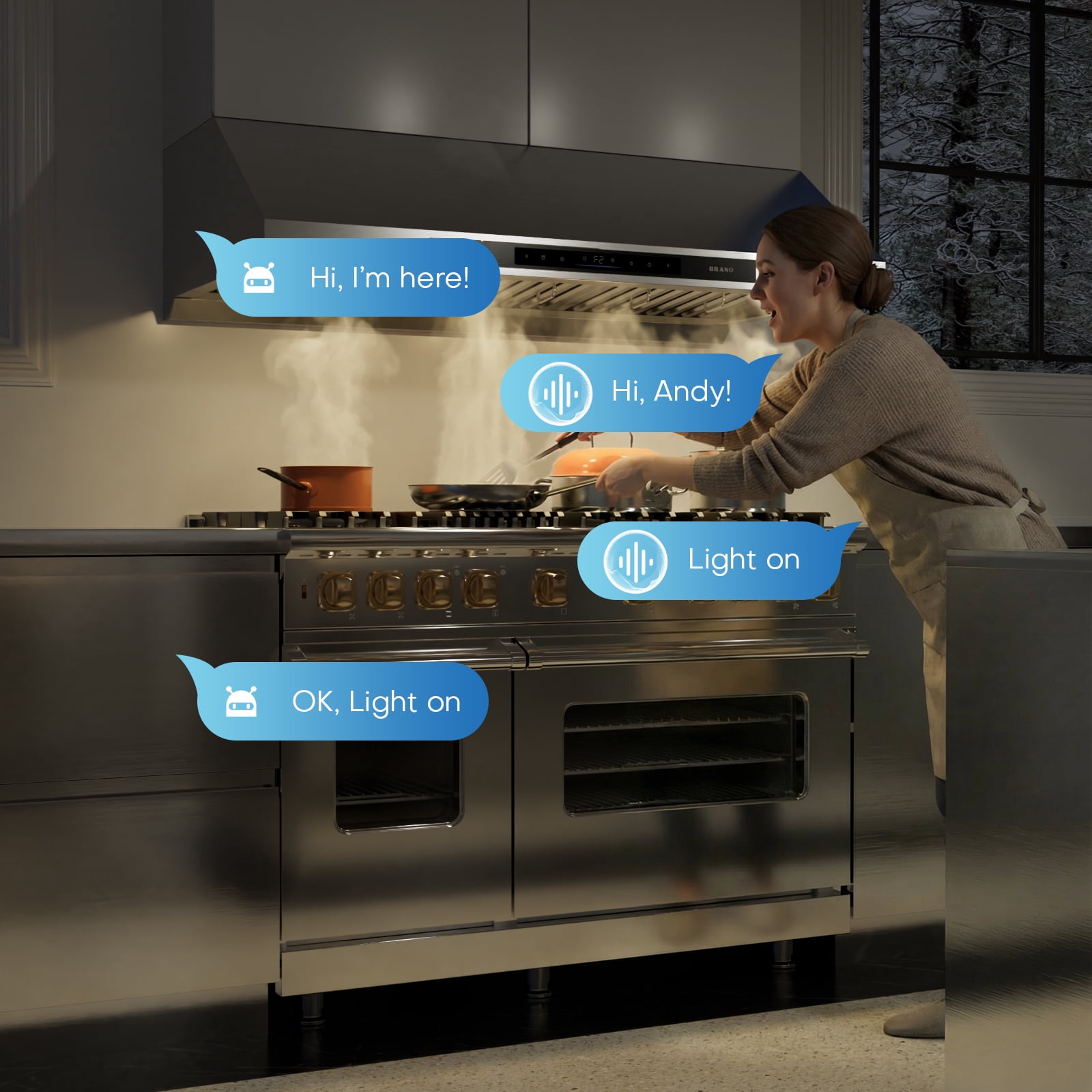 BRANO  42" Under Cabinet Range Hood, 1200 CFM, Brushless DC Motor, 6-Speed, Voice & Motion Control, Stainless Steel, LED, Baffle Filters