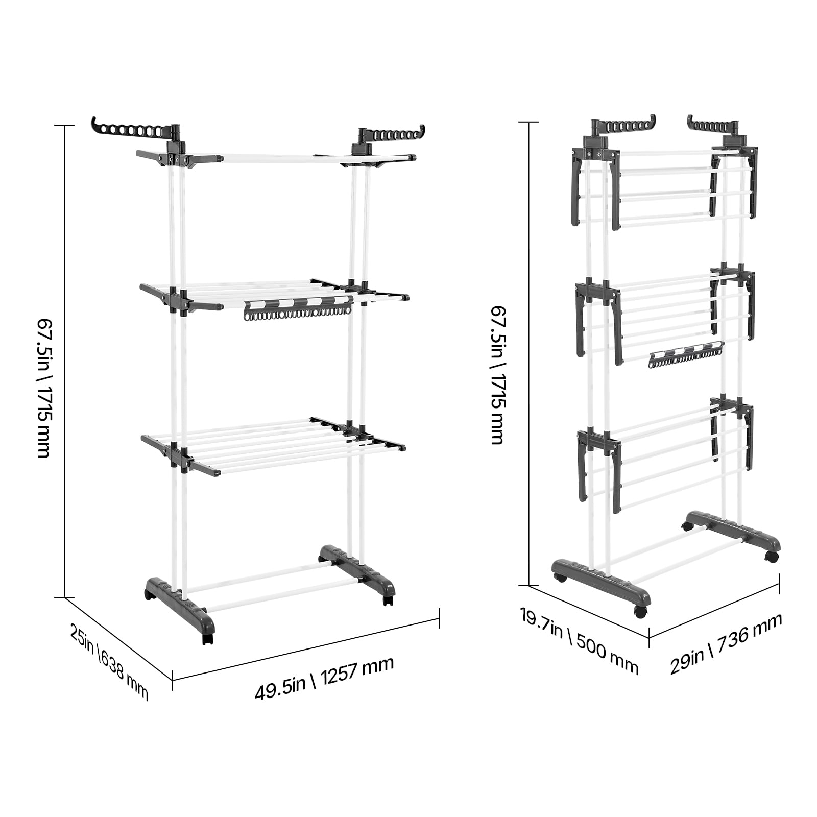 KFFKFF 4-Tier Clothes Drying Rack, Sturdy Laundry Drying Rack with Wheels and 24 Rods, Wings Foldable, Clothes Hanger for Indoor and Outdoor