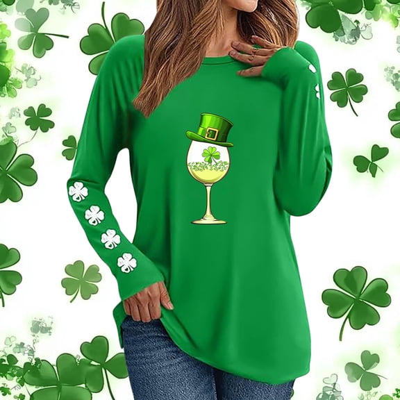 Odbmxy St. Patrick's Day Shirts for Plus Size Women Long Sleeve Green Tops Women Graphic Regular Leisure Festivals Patriotic Tops