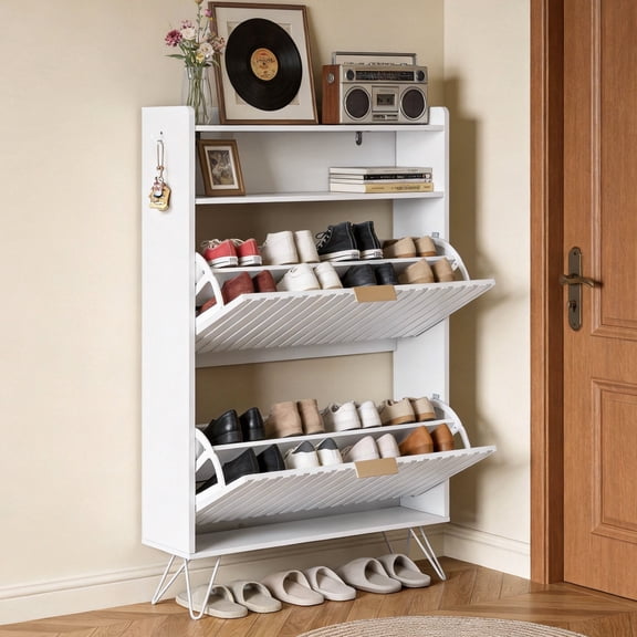 Ktaxon Fluted Shoe Cabinet with 2 Flip Drawers, Wood Shoe for Entryway, White