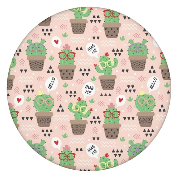 Cute Kawaii Cactus Round Tablecloth - Elastic Edge Waterproof Cover, Minimalist Aesthetic Succulent Print, Spill-Proof Dining Cloth for Families & Pets