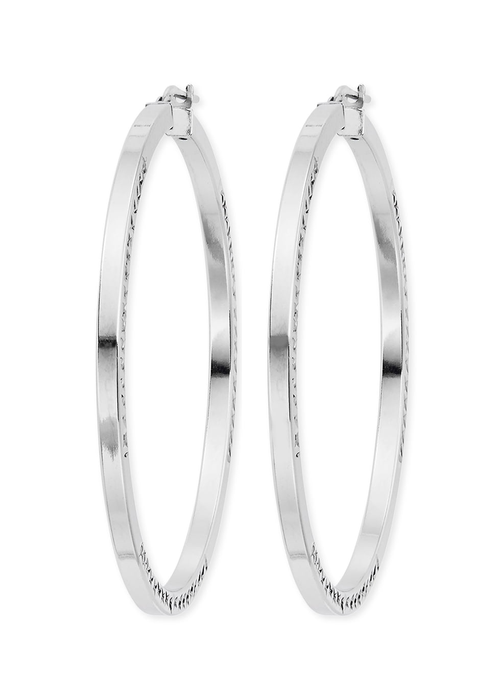 Brilliance Fine Jewelry Rhodium Plated Sterling Silver Diamond Cut Square Tube Women's Hoops