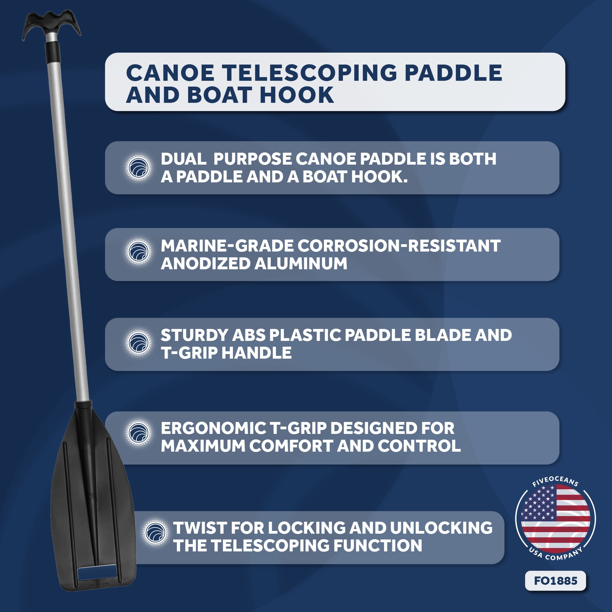 Five Oceans Kayak / Canoe Telescoping Paddle and Boat Hook, Black Extends 45 inches to 72 inches FO1885