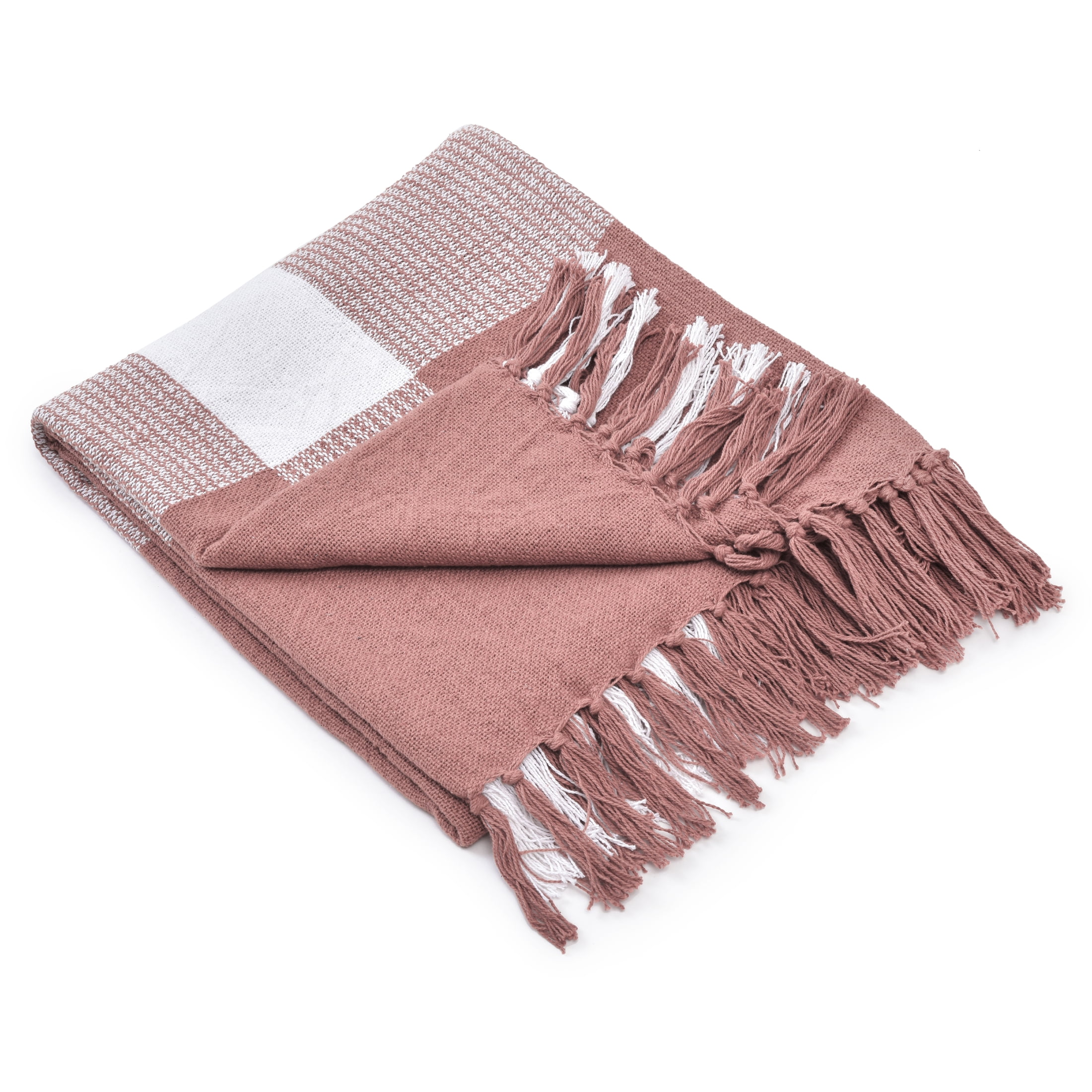 Ox Bay Pink/White Tartan Plaid Cotton Throw Blanket, 50" x 60"