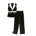 thumbnail image 7 of Women's Color Block Lapel Sleeveless Vest Straight Leg Pants 2 Piece Outfit, Belted Blazer Matching Suit Black S(S), 7 of 7