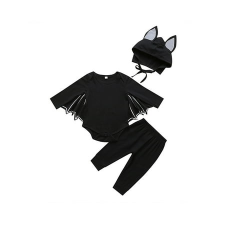 

Grianlook Infant 3Pcs Snap Buttons Halloween Outfit Set Bat Sleeve Crew Neck Toddler Outfits Travel Lace Up Bodysuit Hat Black 80cm