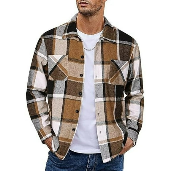 Men's Vintage Brushed Flannel Plaid Shirt, Long Sleeve Button-Down, Beige, Size L