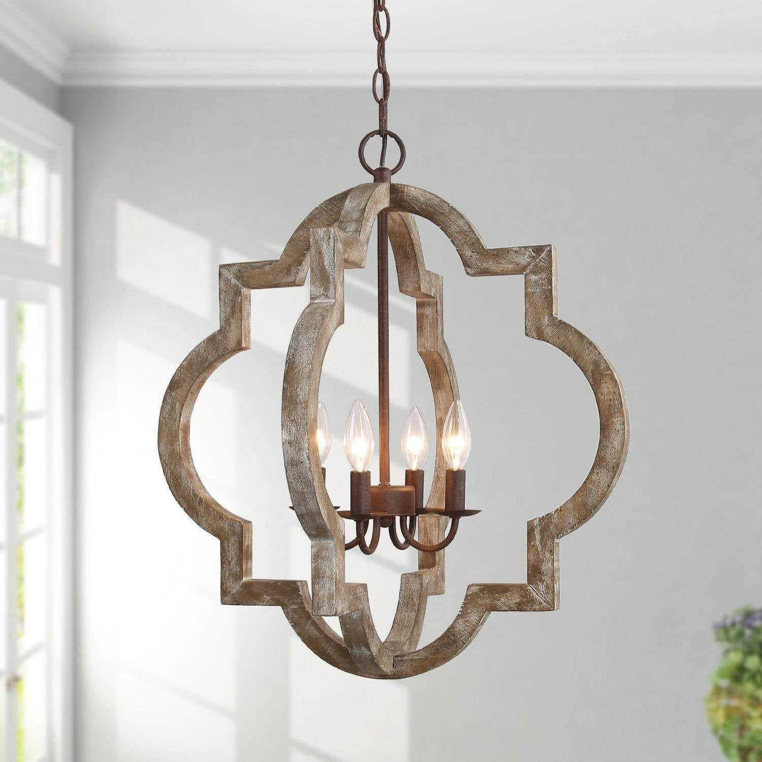 LNC 4-Light Distressed Wood and Bronze Farmhouse Lantern Chandelier