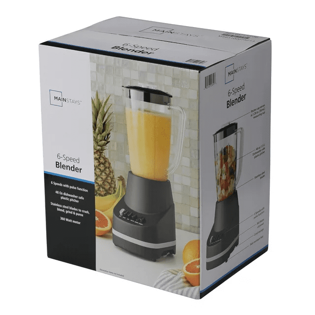 Mainstays 6 Speed Blender with 48 Ounce Jar, 360 Watt, Black, New