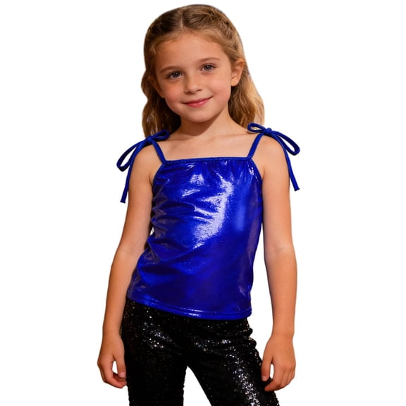 YOUYEDIAN Girls Shiny Metallic Sequin Spaghetti Straps Tops Kids Lace Up Sleeveless Y2K Streetwear T-Shirts Dancewear Tees (Royal Blue, 6-7 Years)