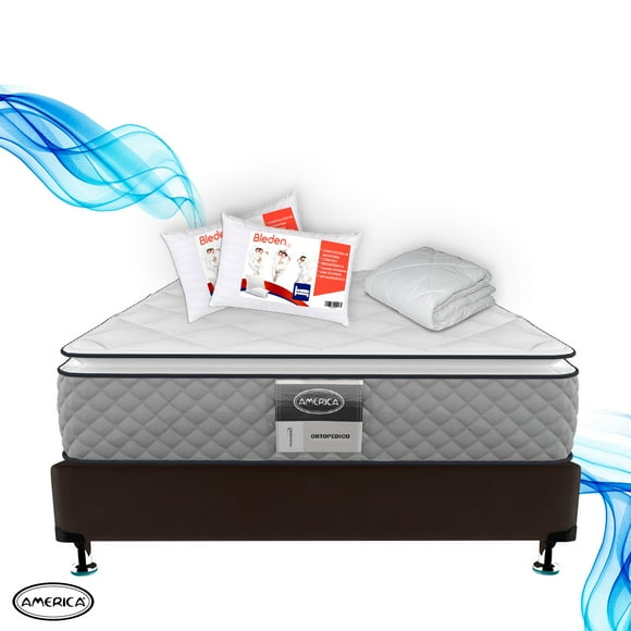 Colchón Queen Size Hipoalergénico + Box + 2 Almohadas Anti-ácaros + Complemento. América Anti-ácaros Pres