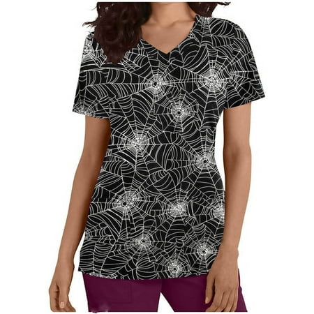 

FAFWYP Halloween Scrubs for Women Womens Loose Scrubs Tops Summer Nurse Short Sleeve V Neck Workwear Skull Pumpkin Cat Printed Working Uniform Shirt Medical Blouse with Pockets