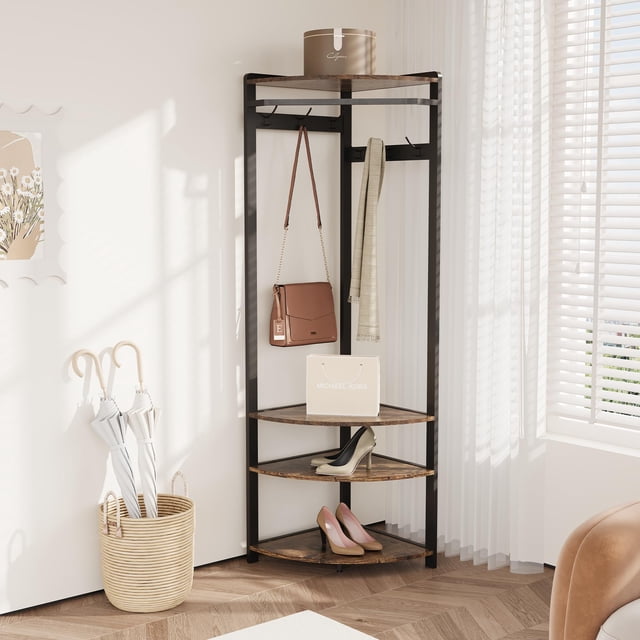 Corner Coat Rack, Entryway Hall Tree with 6 Double Hooks & Storage Shelf, Wooden Corner Clothes Rack Shoe Shelf Organizer for Home