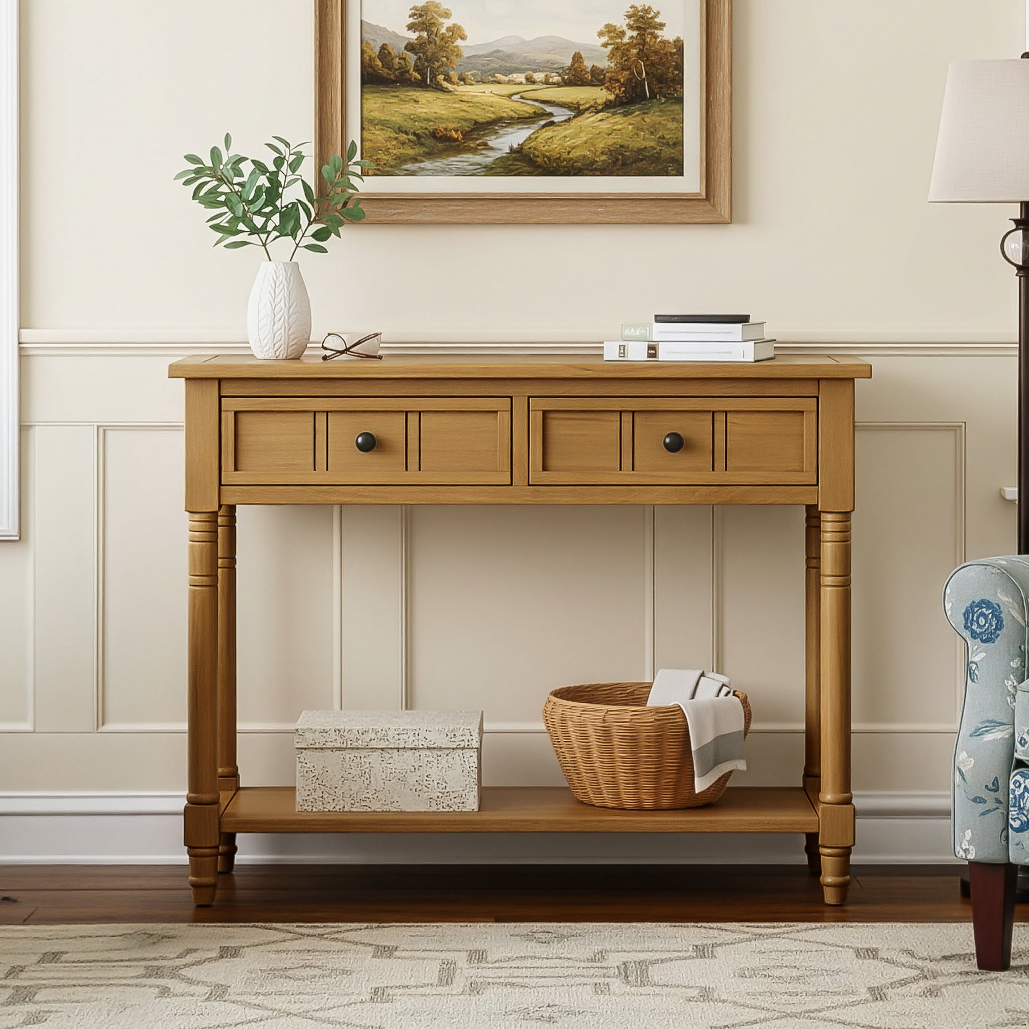 Euroco Farmhouse Wood Console Table with 2 Drawers and Bottom Shelf, 2-Tier Narrow Entryway Table Sofa Table Behind The Couch for Entrance, Hallway,Living Room, Foyer,Natural