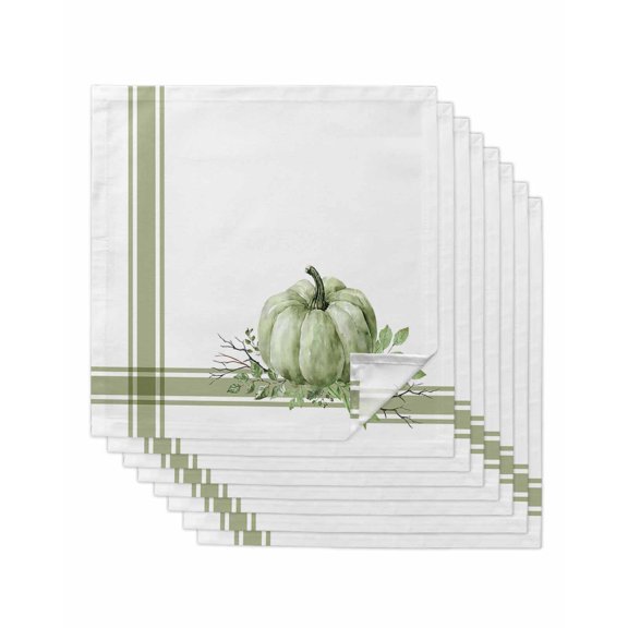 Fall Cloth Napkins Set of 8 Reusable Dinner Napkins, Sage Green Pumpkin Thanksgiving Stripe Leaf Cocktail Napkin Washable Table Napkins for Wedding/Holiday Party/Baby Shower 20"x20"
