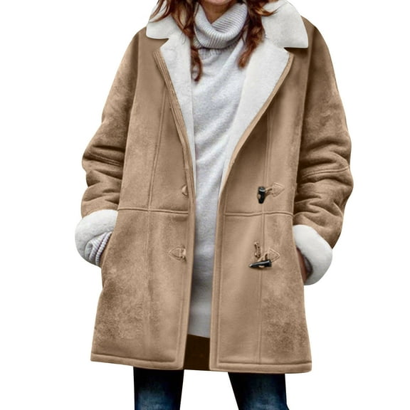 VINUSLI Women Long Fleece Jacket Soft Hoodie Casual Winter Sherpa Horn Button Faux Suede Pea Coats Outerwear Khaki,M