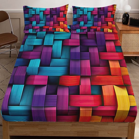 3PCS Woven Geometric Fitted Sheet Set, Deep Pocket, HD Rainbow Print, for Bedroom & Dorm(Multicolored,Twin)