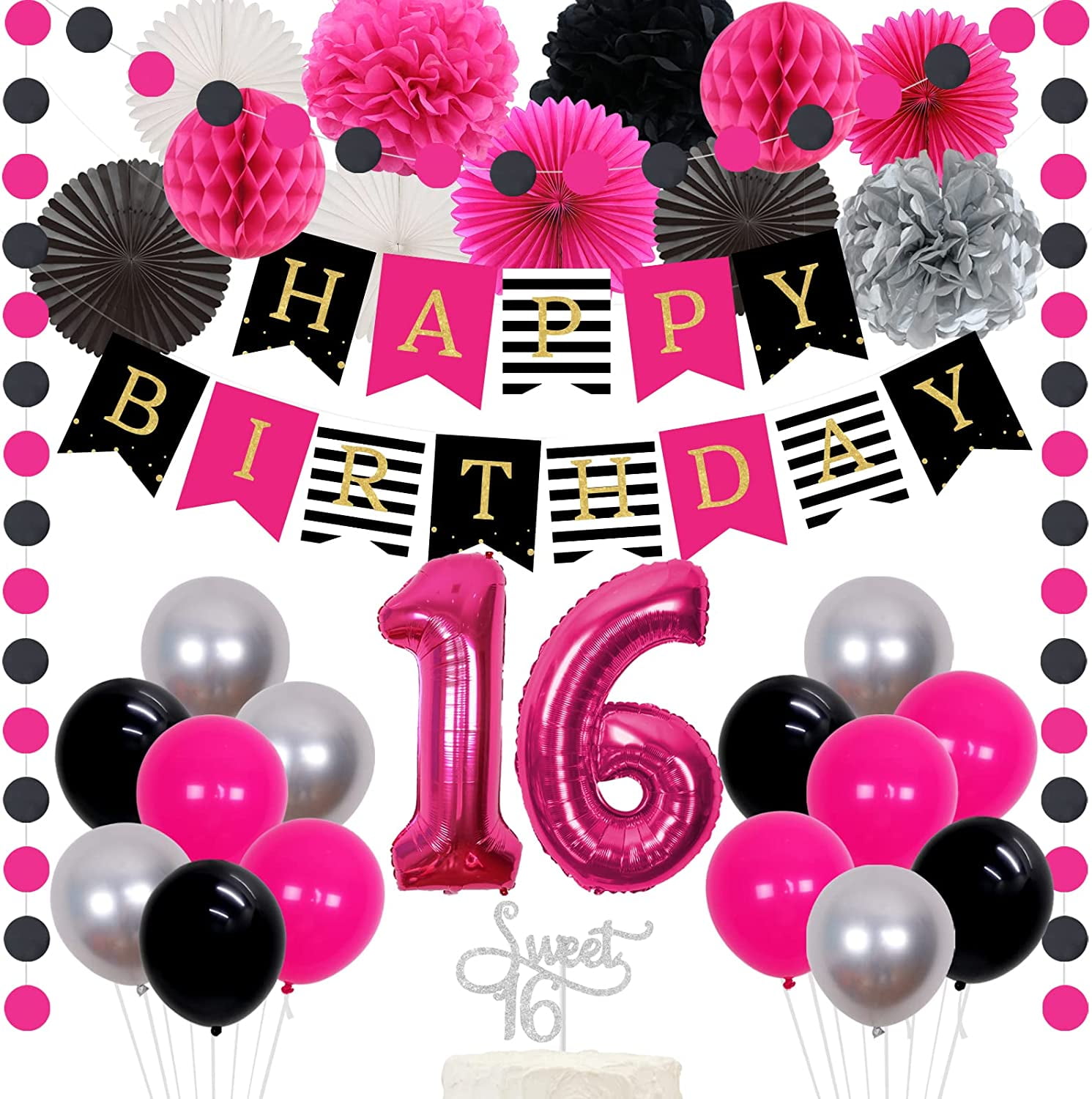 BRT Bearingshui hot pink black white birthday decorations for 1st 16th 18th  21th 30th 40th 50th