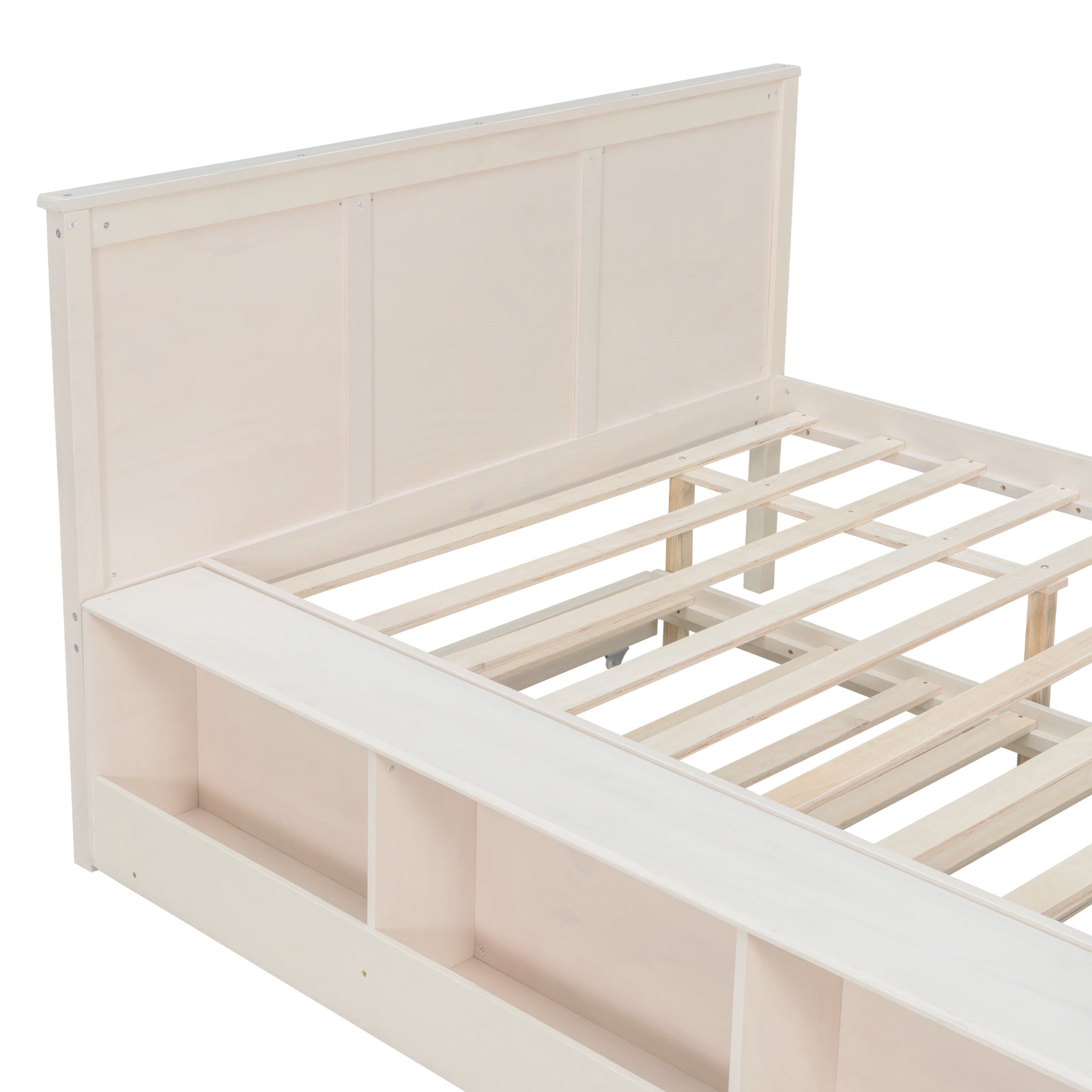 Noble House Brevon Full Size Extendable Platform Bed with Built-in Storage Cabinet, Pine Wood Frame, Cream White