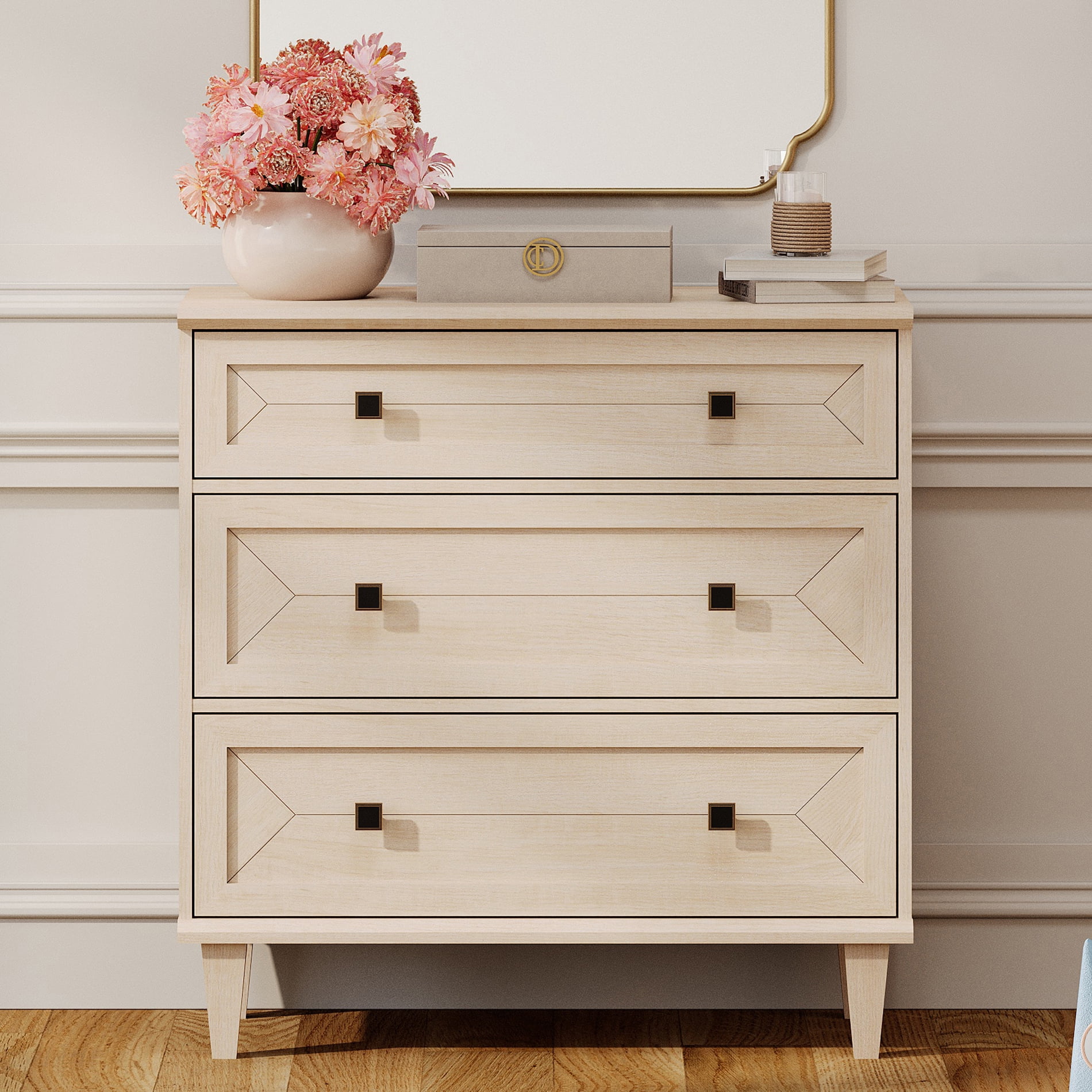 WAMPAT Handmade Patchwork 31.5" TV Stand with 3 Drawers, Fits up to 36" TV, Beige