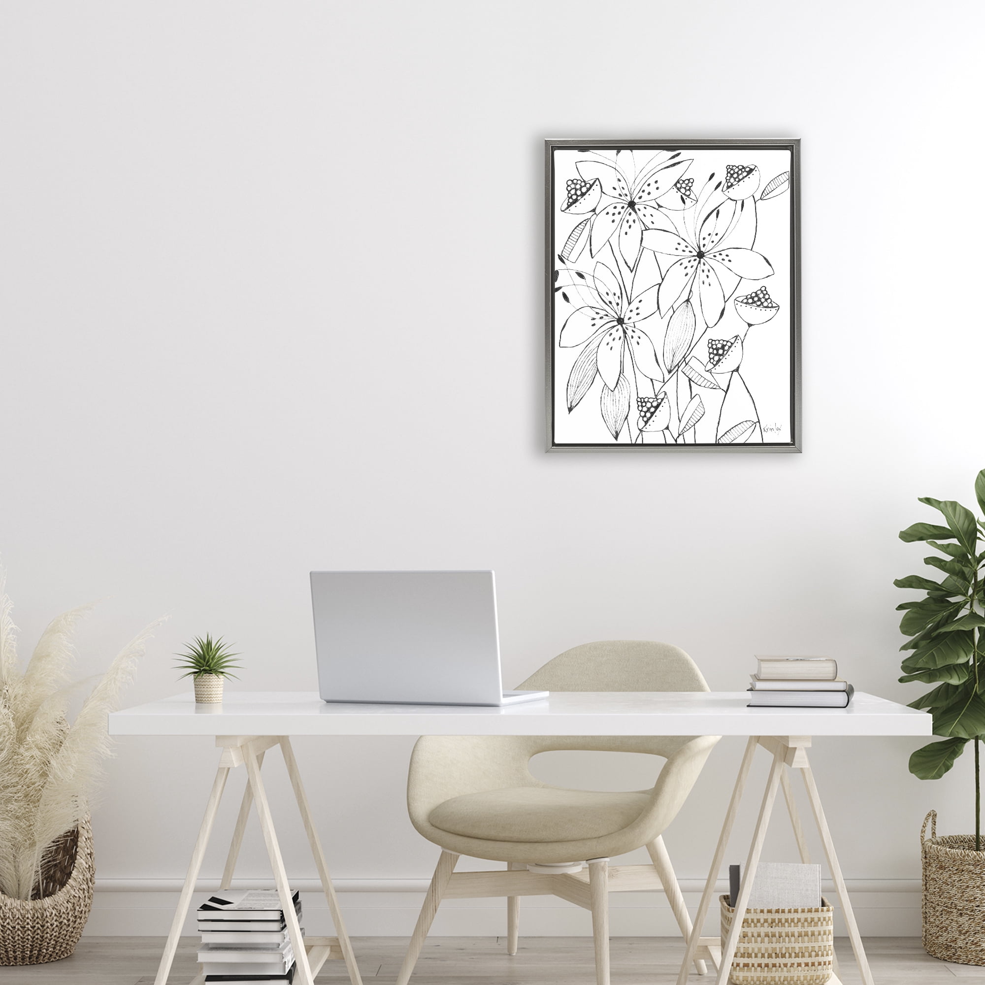 Stupell Industries Open Blooms Outline Gray Framed Floater Canvas Wall Art, design by Krinlox