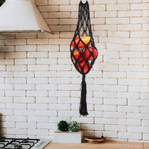 ETEREAUTY Hanging Black Macrame Fruit Basket for Kitchen with Rope Suspension and Air Circulation