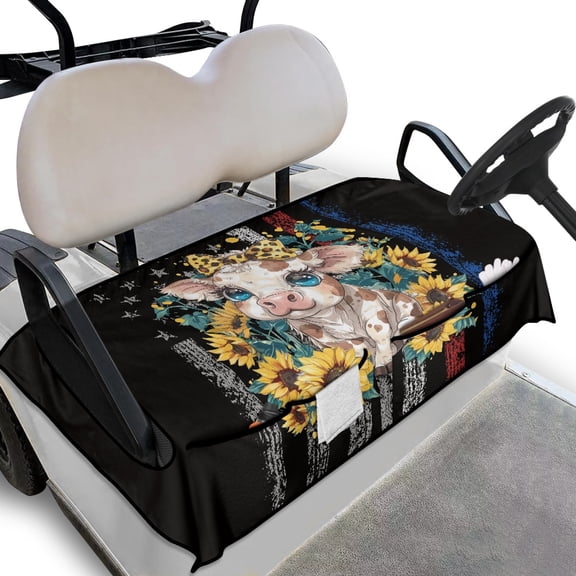 Whosucclay American Flag & Cow Design Golf Cart Seat Cover, Slip-Resistant Soft Anti‑Slip Golf Cart Seat Cover Towel for Club Car Yamaha EZGO, 52.36" x 32.28"