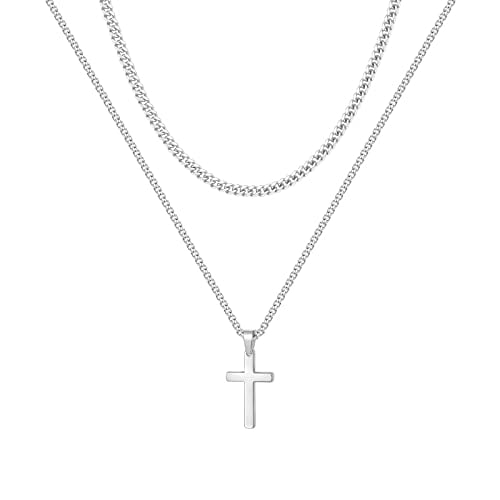 Layered Cross Pendant Necklace for Men Mens Cross Necklaces Stainless Steel Silver Cross Necklace Cross Chain for Men Layered Box Chain Cross Pendant for Men 16 18 Inch Mens Jewelry Cross Necklace fo