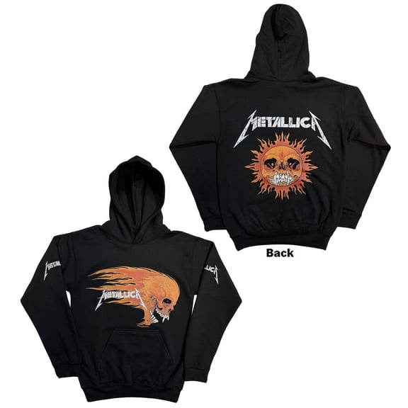 Metallica Unisex Pullover Hoodie: Worn Pushead Flaming Skull (Black) (Back Print)