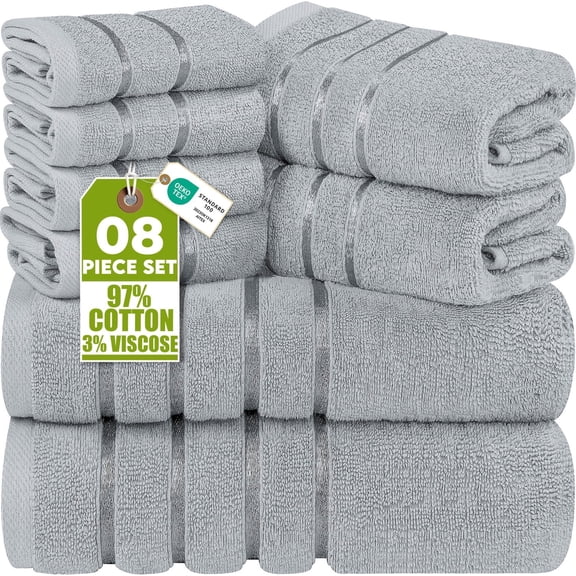 Utopia Towels 8 Piece Luxury Towel Set, 2 Bath, 2 Hand, and 4 Wash Cloths, 600 GSM Ring Spun Cotton, Highly Absorbent Viscose Stripe Towels, Ideal for Everyday use, Cool Grey