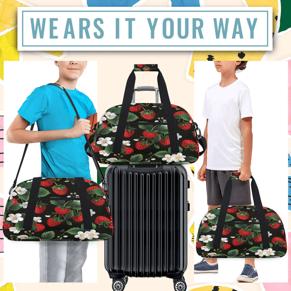 Herdesigns Cute Strawberry Sports Duffle Bag for Women & Men, Gym Bag Dance Bag Overnight Bag Carry On Weekender Travel Bag
