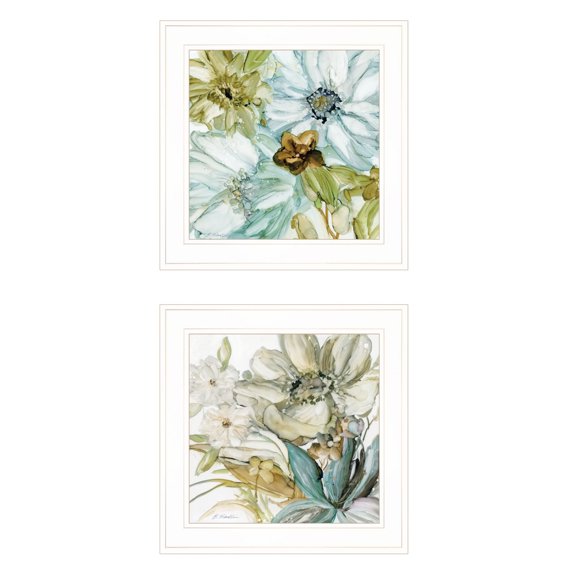 HomeRoots 15 x 15 x 1 in. Sea Glass Palette Floral White Framed Print Wall Art - Set of 2