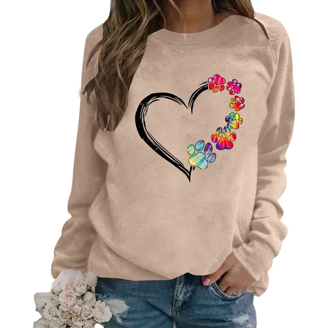 GPOECD Mode Femme Décontractée Couleur Unie Manches Longues Imprimé Lettre Col Rond Chandail en Molleton Sans Capuche Coupe Ample Confortable chandail-Over Kaki,G