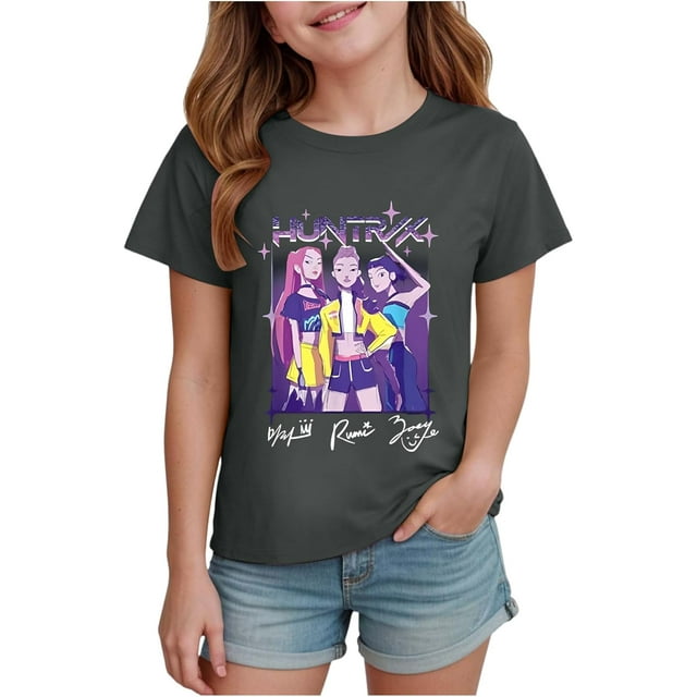 K pop Demon Chandail pour Filles, T-Shirt Graphique Mignon avec Dessin Animé, T-Shirt Tendance et Drôle, Chandail pour Enfants, Hauts Roses, Manches Courtes, Col Ras du Cou