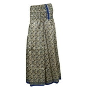 Mogul Women's Split Palazzo Pants Blue Vintage Silk Sari High Waist Maxi Skirt