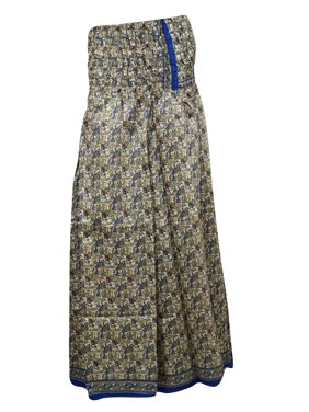 Mogul Women's Split Palazzo Pants Blue Vintage Silk Sari High Waist Maxi Skirt