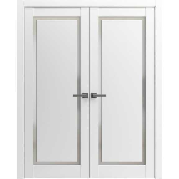 Solid French Double Doors 48 x 80 inches | Planum 0888 Painted White with Frosted Glass | Wood Solid Panel Frame Trims | Closet Bedroom Sturdy Doors