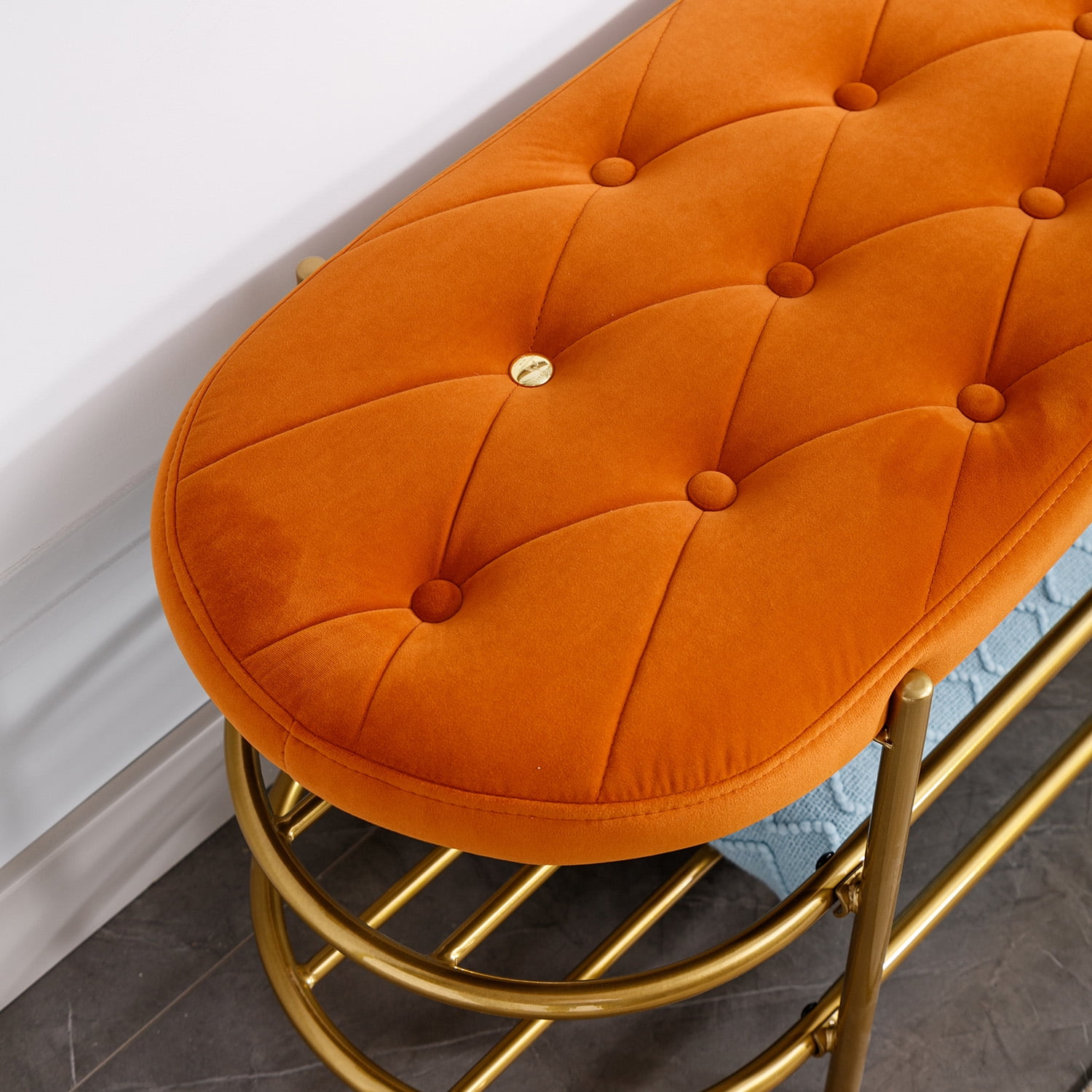 Kadyn Upholstered Velvet Beach, End of Bed Bench with 2 Shelf, Storage Beach for Living Room, Entrance, Orange