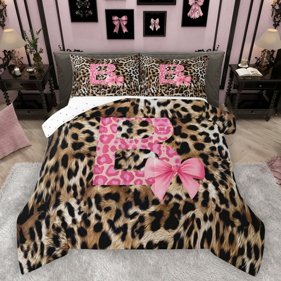 Homewish Fashion Leopard Print B Bedding Comforter Set for Women, Princess Ribbon Bowknot Twin Comforter Sets, Brown Pink Cartoon Reversible Bedding Set, Ultra Soft Bedroom Decor, 2pcs