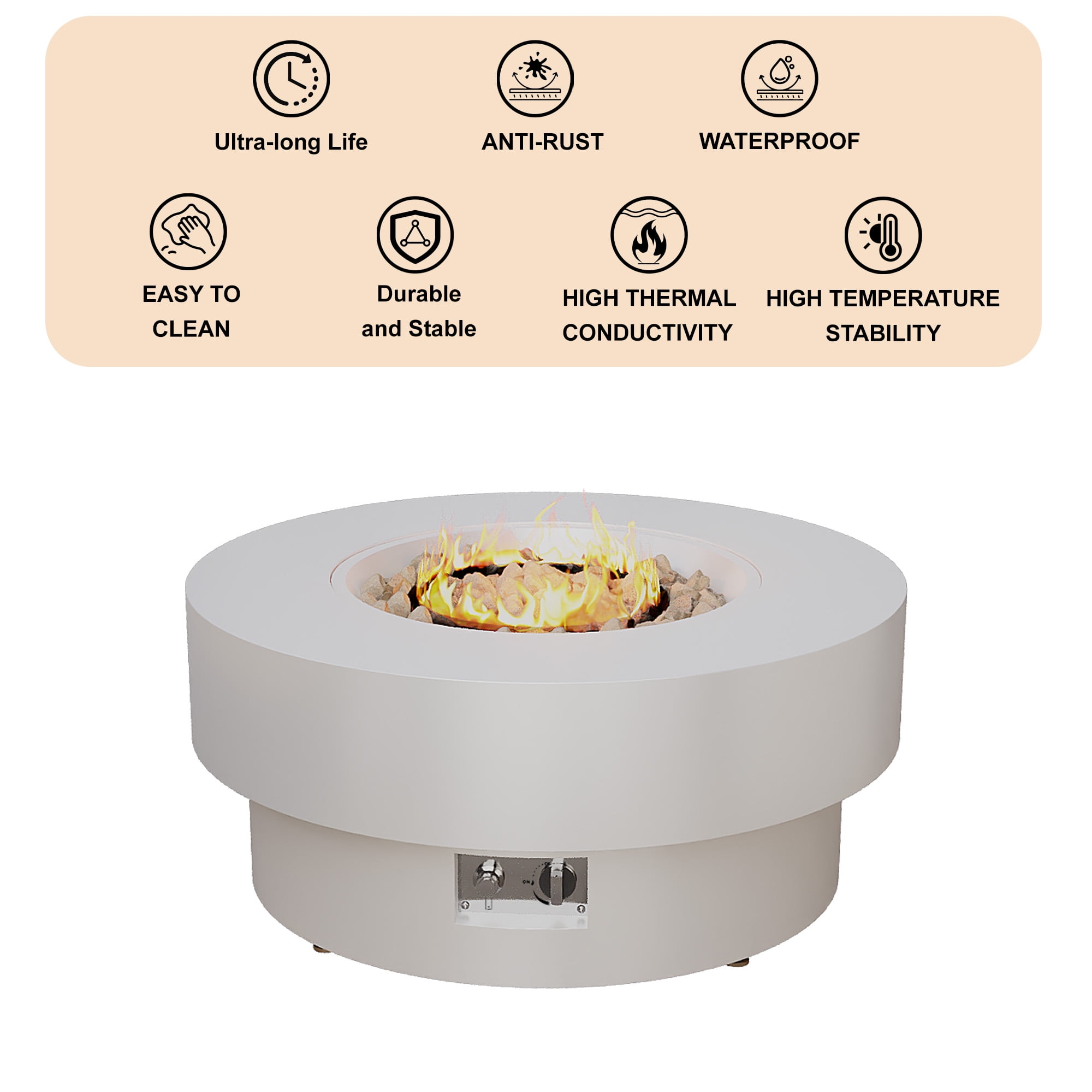 HongTaoK 32.5" Round Propane Fire Pit 50K BTU, Eco-Friendly, Clean Burning with Lava Rock, White
