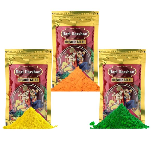 Organic Holi Gulal Combo Pack Of 5 X 100gm Each In 2 Yellow, 2 Green & 1 Saffron Color - Eco Friendly Holi Colours | Made Of Natural Corn Starch Powder - Skin Friendly Scented Handmade Herbal Colour