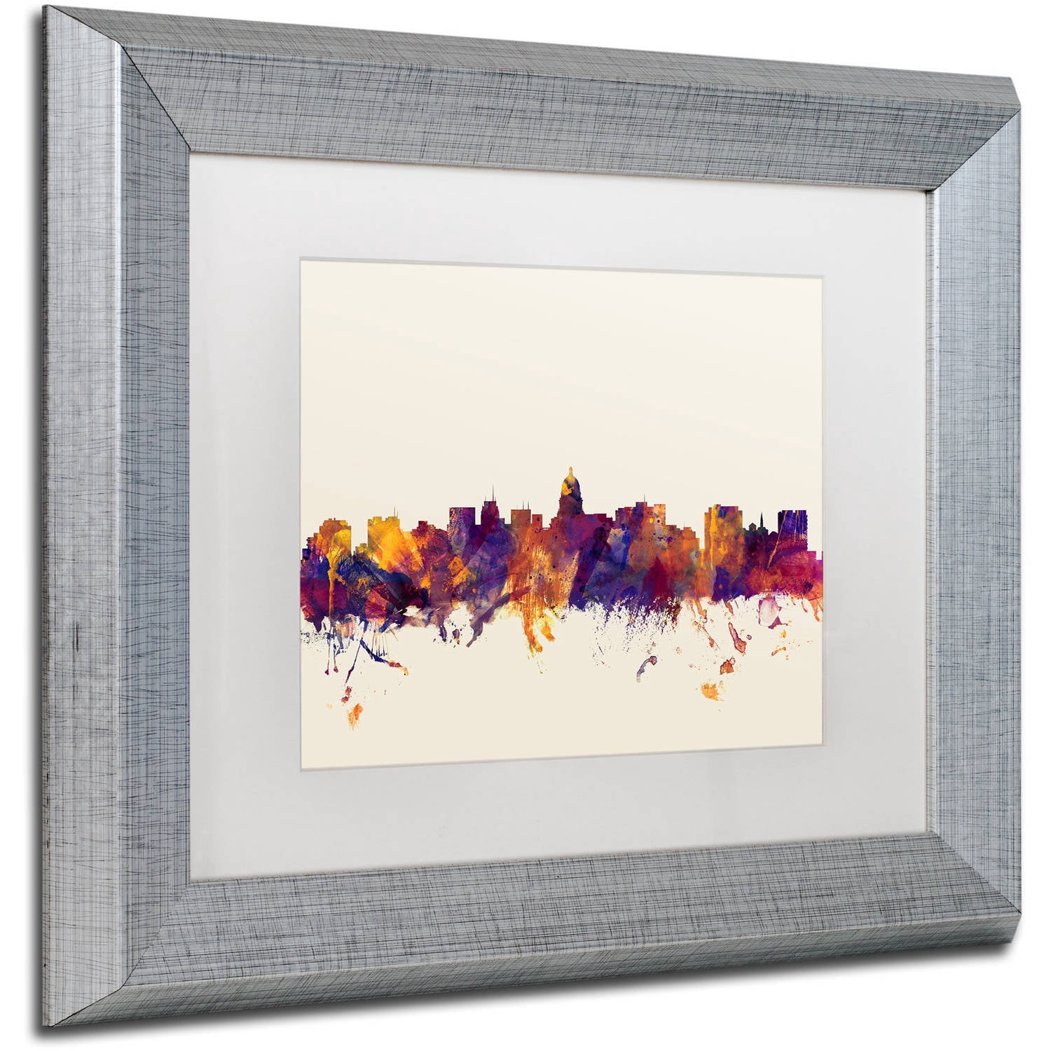 Trademark Fine Art "Madison Wisconsin Skyline" Canvas Art by Michael Tompsett, White Matte, Silver Frame