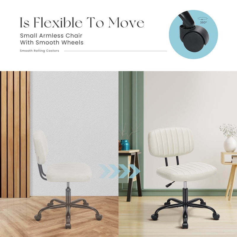 Desk Chair, Armless Activity Chair with Wheels, Comfy Low Back Swivel Task Chair, White