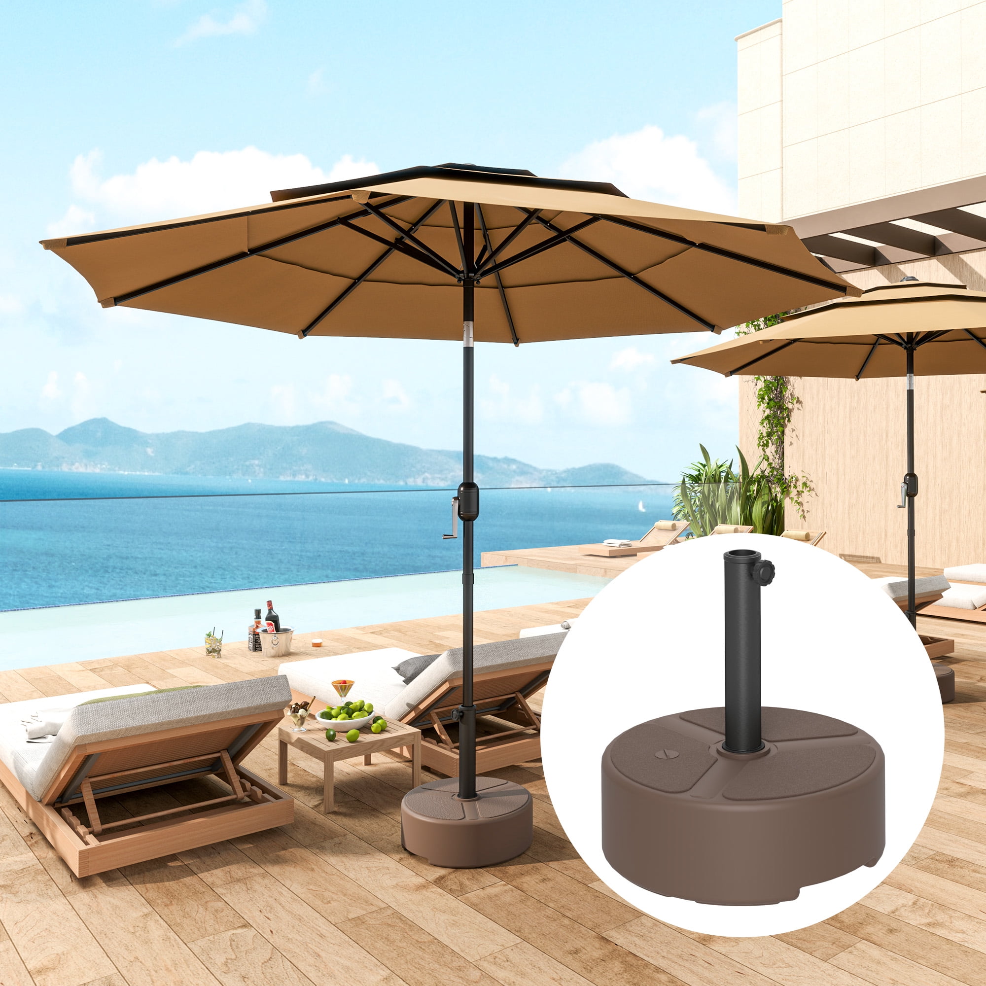 Round Patio Umbrella Base Holder, Heavy Duty Outdoor Umbrella Stand Base, Filled Up to 44lbs with Stand or 40lbs with Water for Garden, Poolside, Brown