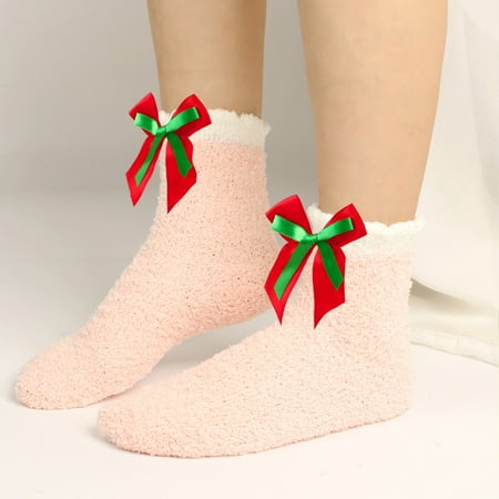

4 pair Women Socks Bowknot Pure Color Socks Over Festival Christmas Color Random