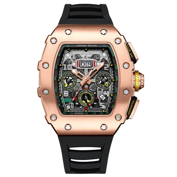 GUANQIN Luxury Skeleton Tourbillon Automatic Mechanical Sport Watch Men Sapphire Glass Automatic Chronograph Luminous Clock Man Rose Black